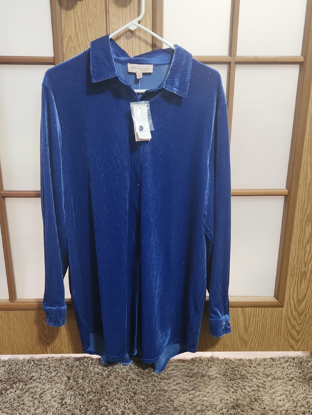 Philosophy Republic Blue Shimmer Ribbed Velvet Button Down Shirt Size Xl Nwt